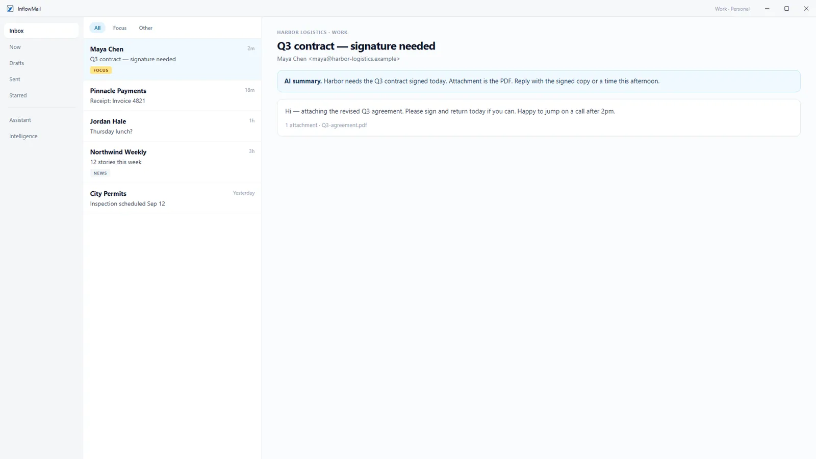InflowMail for Windows showing a unified inbox: a message list with Focus and Other tabs and a reading pane with an AI summary of a contract email