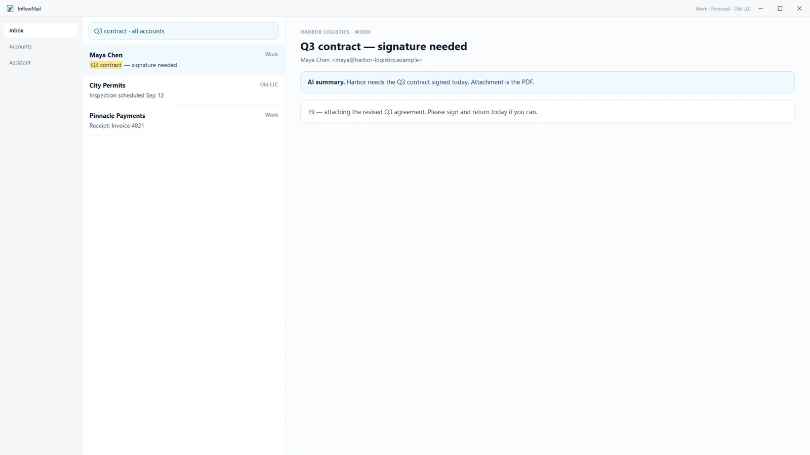 Searching for Q3 contract across all accounts, with results from the Work and Old LLC mailboxes