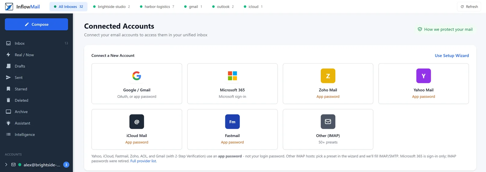 Connected Accounts screen with a tile for each provider: Google / Gmail, Microsoft 365, Zoho Mail, Yahoo Mail, iCloud Mail, Fastmail and Other (IMAP) with 50+ presets. Gmail uses Google sign-in or an app password, Microsoft 365 uses Microsoft sign-in, and the others use an app password.