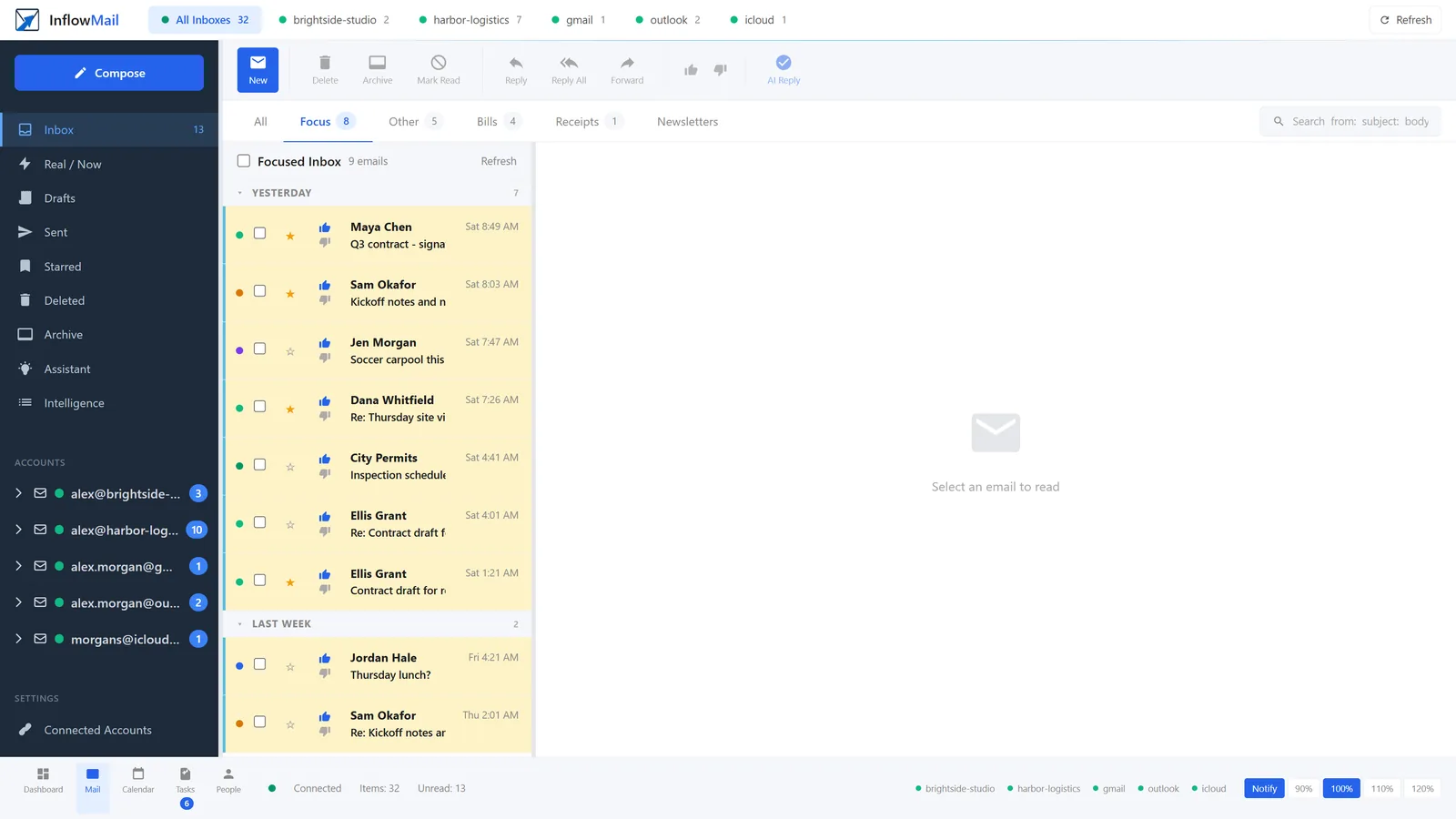 The InflowMail inbox on the Focus tab: five connected mailboxes listed in the sidebar and as tabs along the top, with the important emails from all of them in one highlighted list.