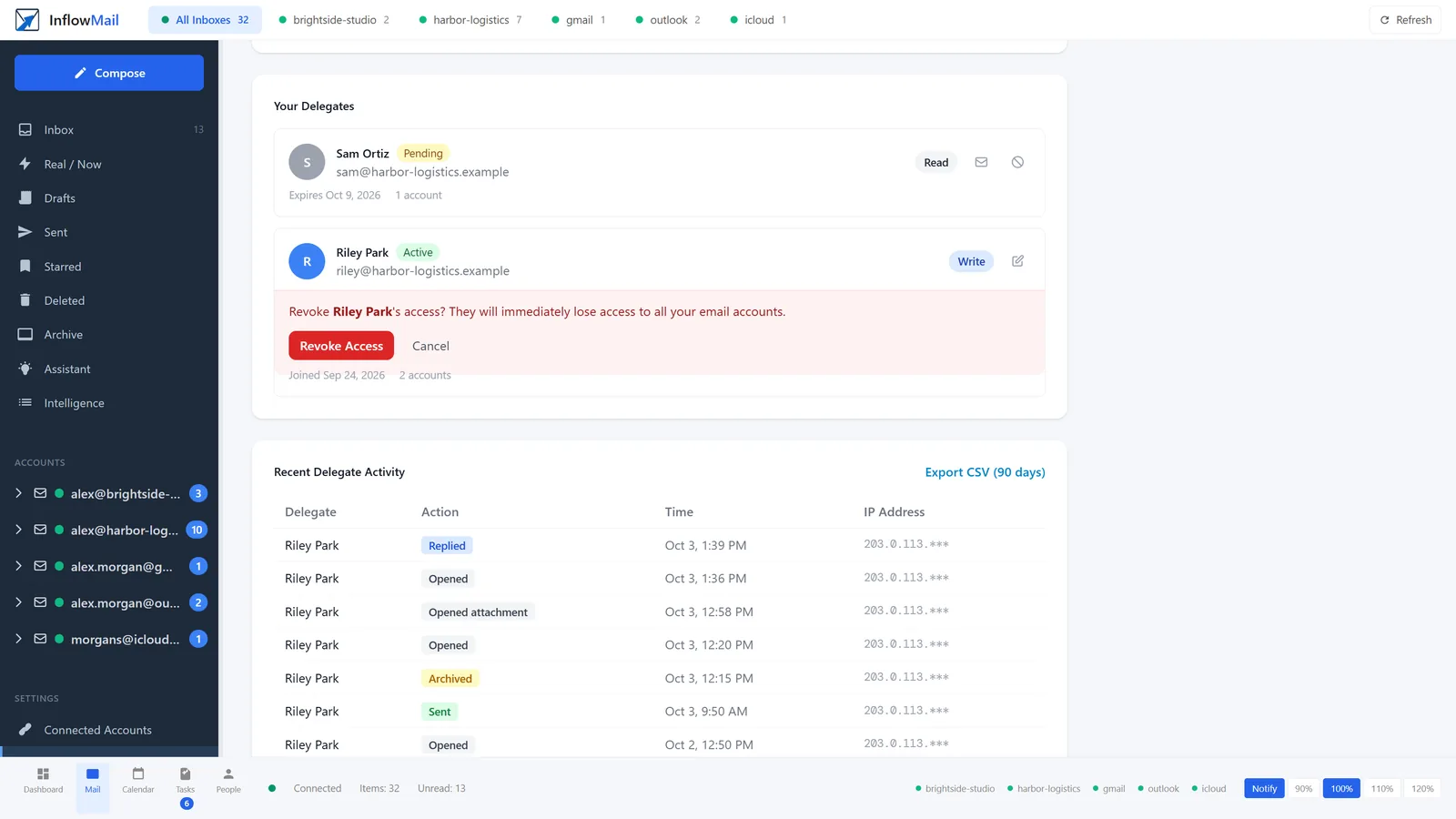 Revoking a helper on Team Access: a red confirmation panel reads Revoke Riley Park's access? They will immediately lose access to all your email accounts, with Revoke Access and Cancel buttons.