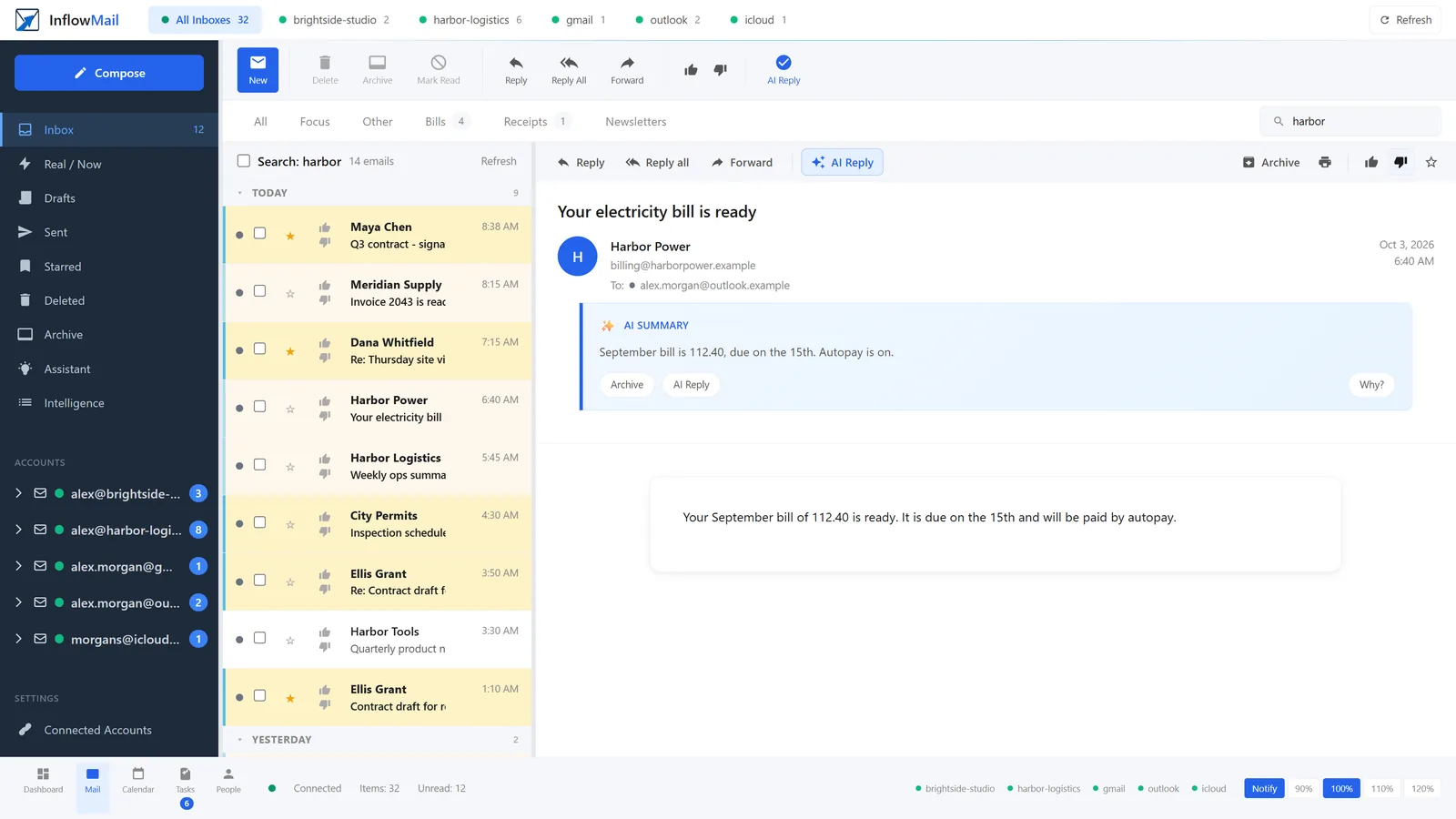 Searching for harbor returns 14 emails from several mailboxes in one list, with an electricity bill open and its AI summary.