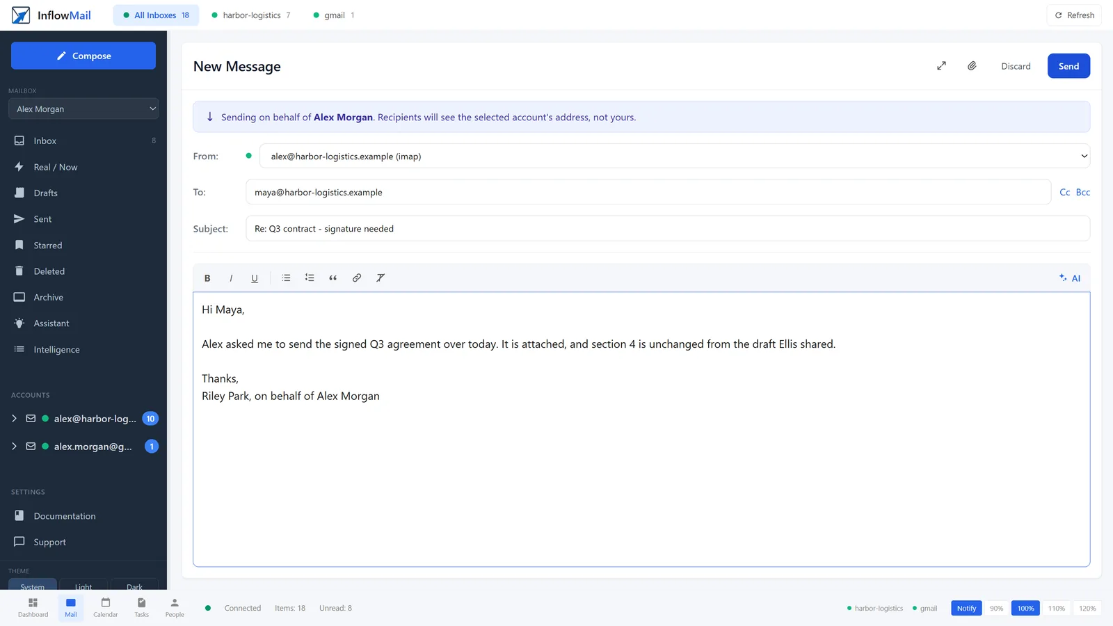 A helper's compose window with the banner: Sending on behalf of Alex Morgan. Recipients will see the selected account's address, not yours. From is alex@harbor-logistics.example, To is maya@harbor-logistics.example, subject Re: Q3 contract - signature needed, signed Riley Park, on behalf of Alex Morgan.